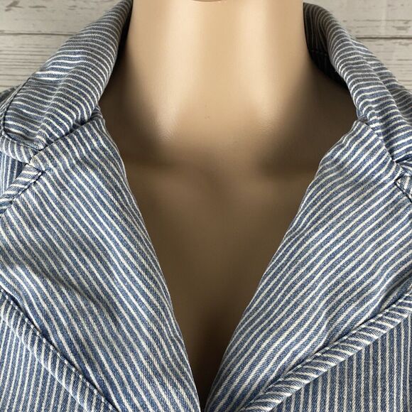 Forever Twentyone Boutique Cropped Jacket Small Blue White Striped Denim Unique - Picture 2 of 12